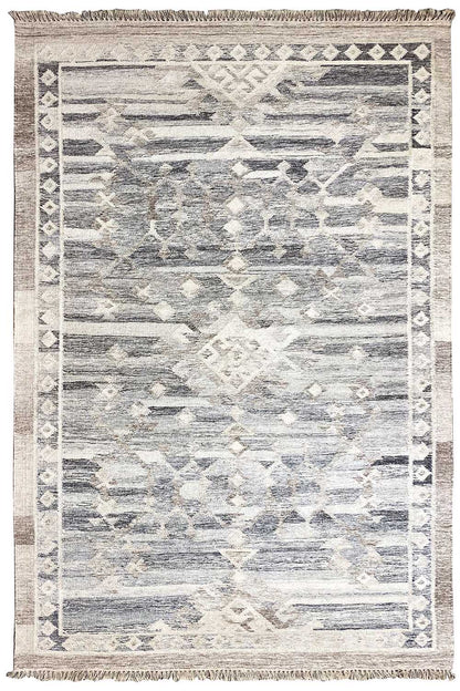 Rectangular kilim rug with an abstract blue-gray pattern, light borders, and fringes