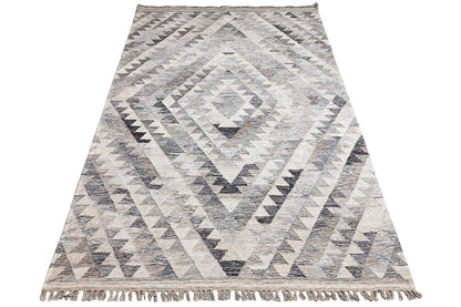 Kelim dhurrie rug with zigzag geometry, fringed edges, light gray-beige