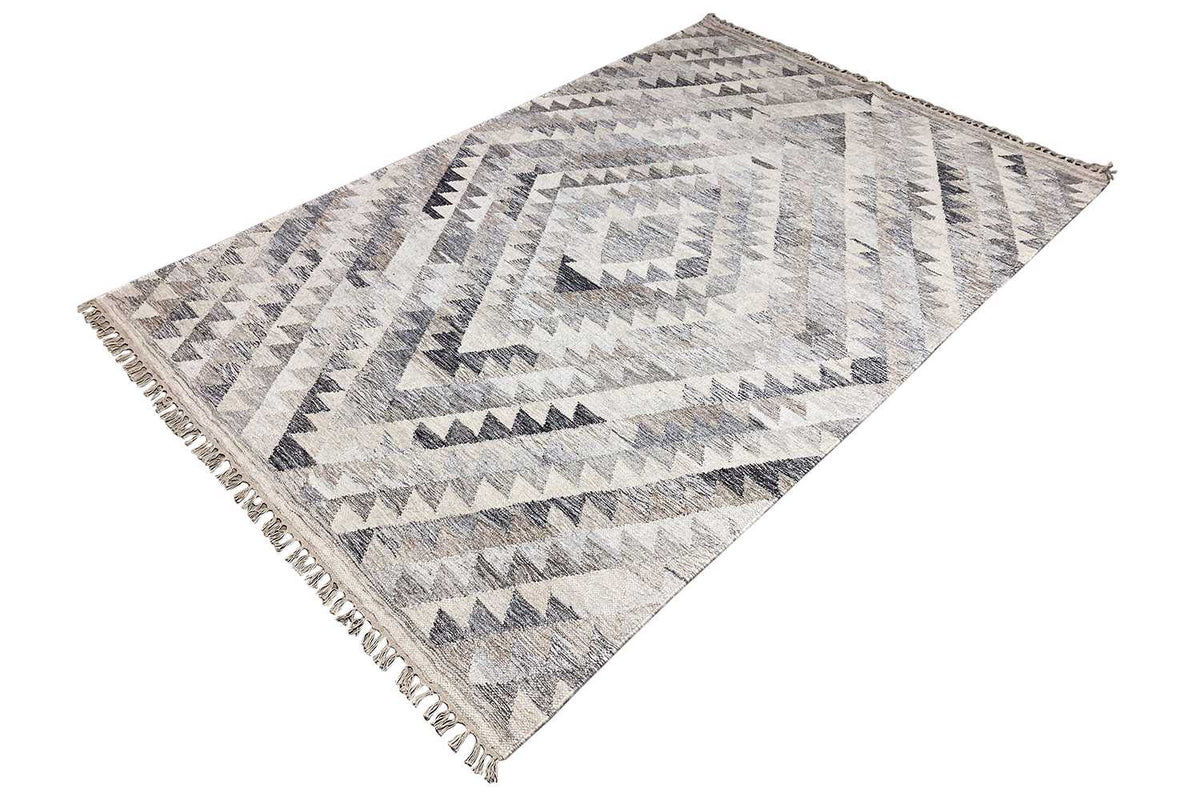 Kelim dhurrie rug with a large zigzag pattern, gray-beige areas, fringes