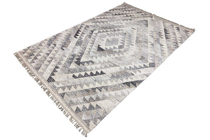 Kelim dhurrie rug with a large zigzag pattern, gray-beige areas, fringes