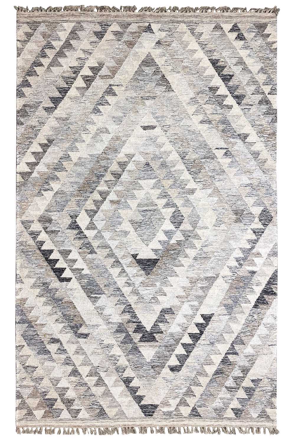 Kelim dhurrie rug with a geometric pattern in shades of gray and beige, with fringes