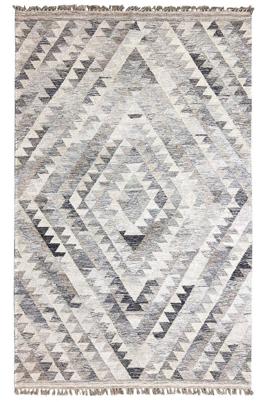 Kelim dhurrie rug with a geometric pattern in shades of gray and beige, with fringes