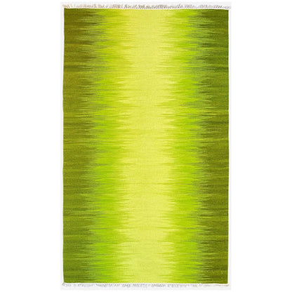 Green kilim rug, rectangular, with fringed edges and a fine woven pattern