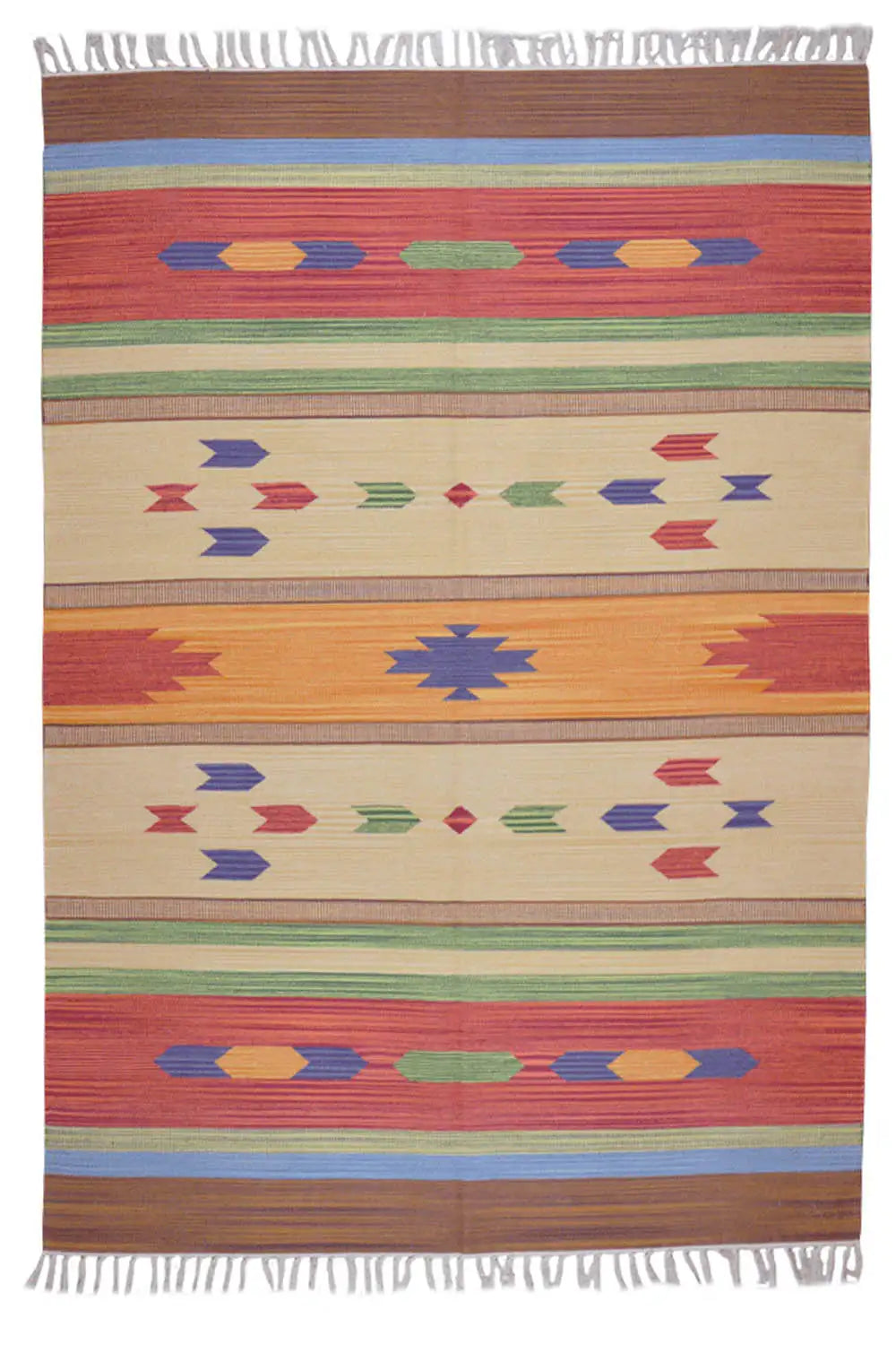 Rectangular kilim rug with stripe and diamond patterns in red, beige, green, and blue, fringes