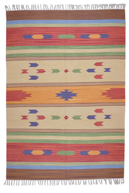 Rectangular kilim rug with stripe and diamond patterns in red, beige, green, and blue, fringes