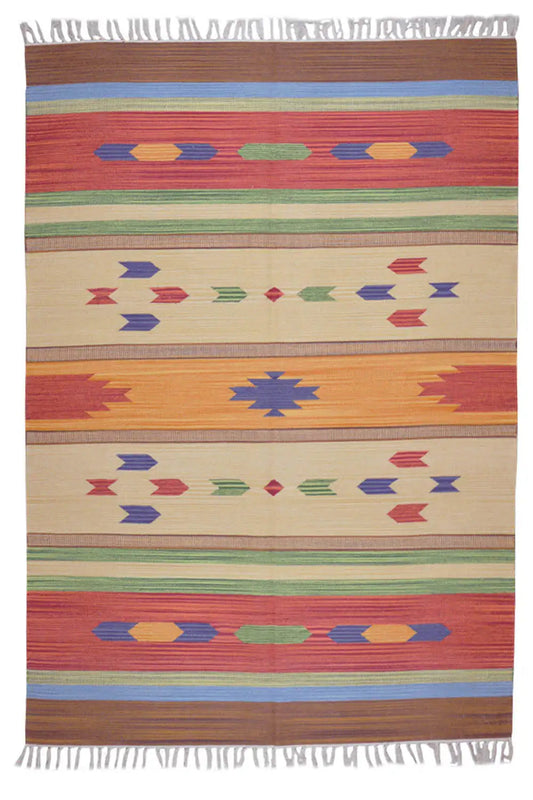 Rectangular kilim rug with stripe and diamond patterns in red, beige, green, and blue, fringes