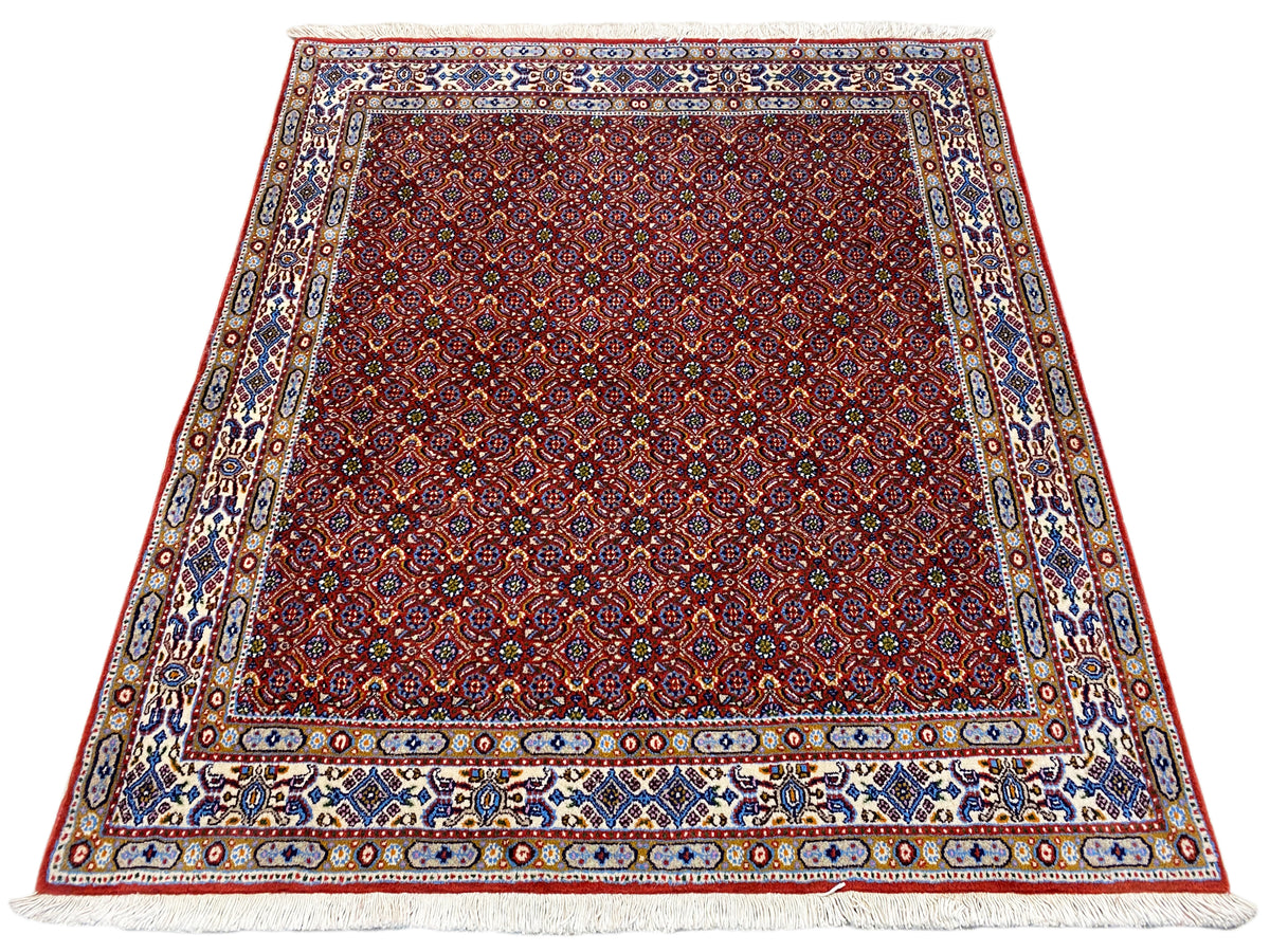 Oriental rug 132x122 cm, red patterned rug with a colorful border pattern
