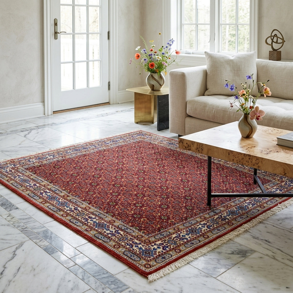 Oriental rug 132x122 cm with a red vintage pattern and cream-blue border