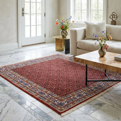 Oriental rug 132x122 cm with a red vintage pattern and cream-blue border