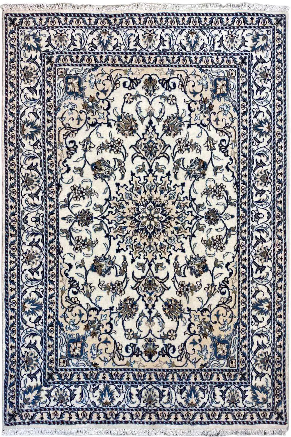 Nain rug with blue and white ornaments and a floral medallion, rectangular, bordered.