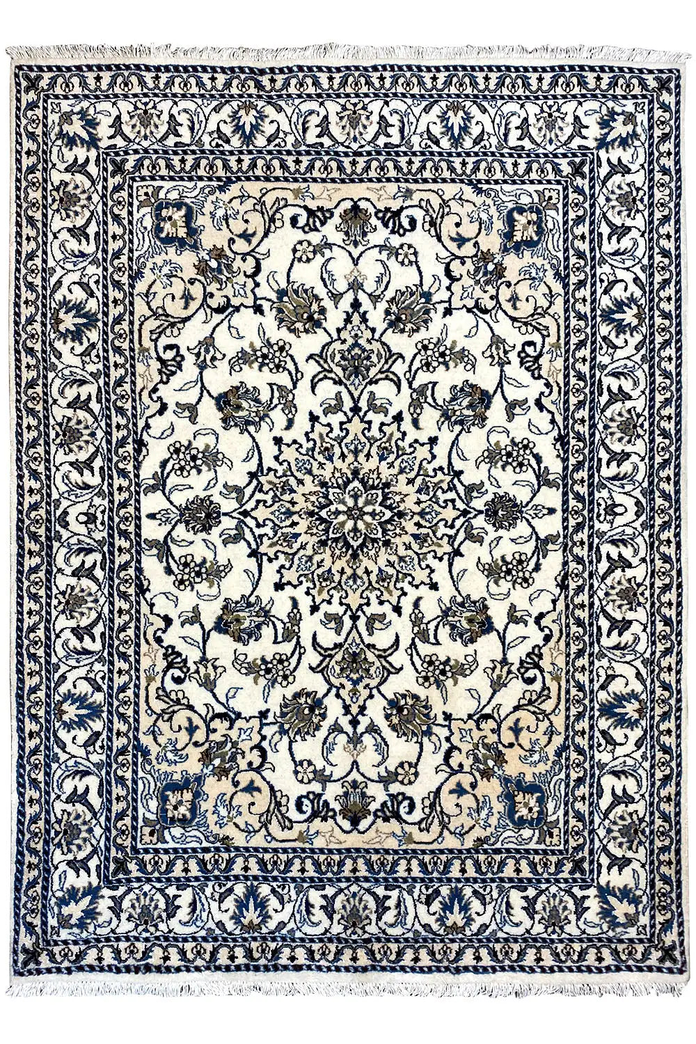 Rectangular blue-and-white Nain rug with an ornamental medallion, surrounding border, and finished edges.