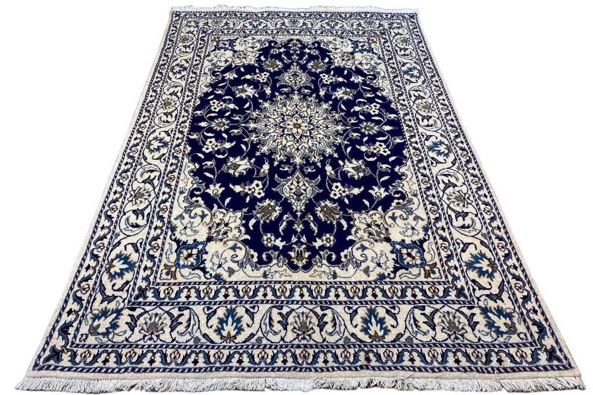 Nain rug with a dark blue ornamental pattern, cream borders, short fringes, 146x214 cm