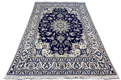 Nain rug with a dark blue ornamental pattern, cream borders, short fringes, 146x214 cm