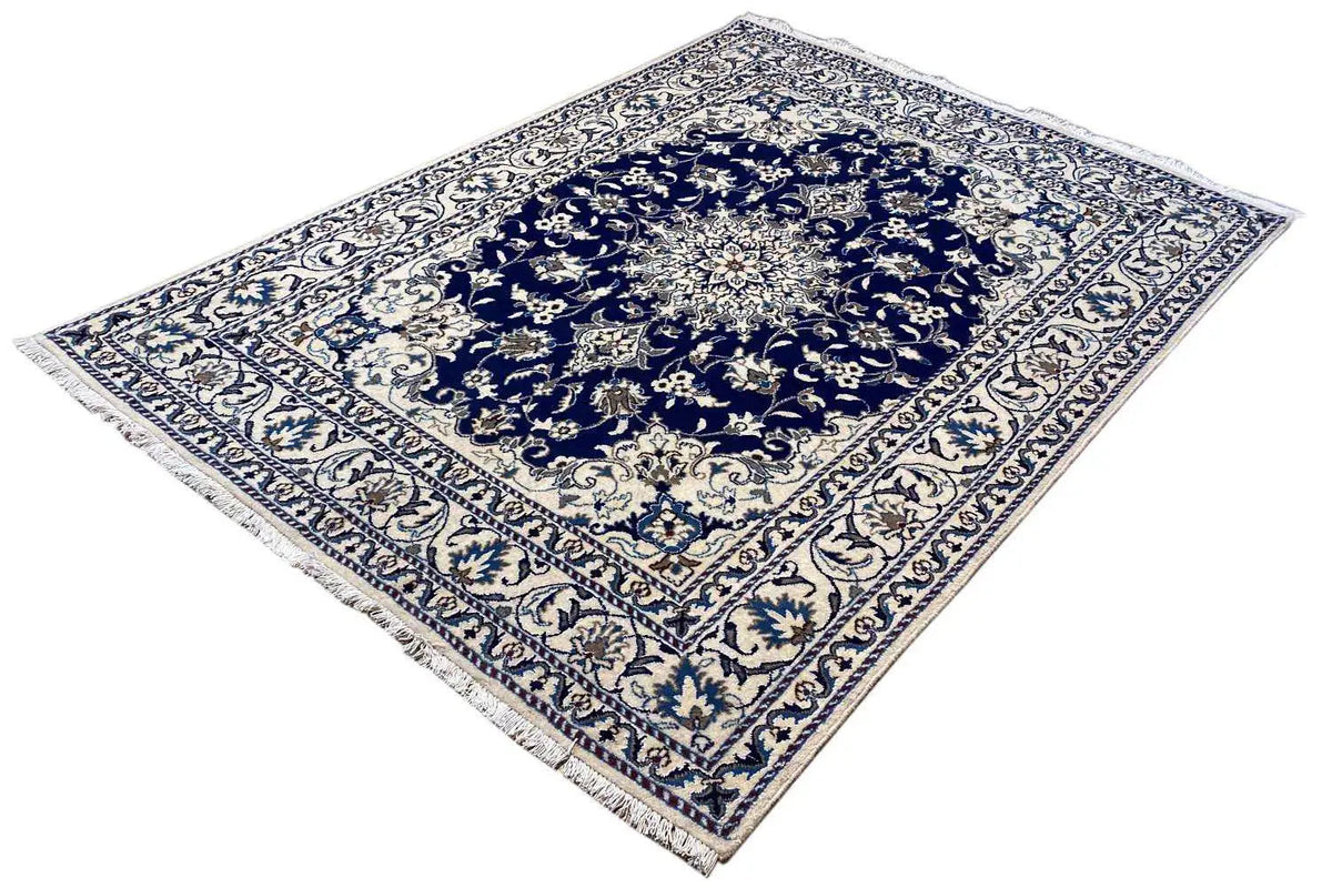 Navy rug with a blue central field and delicate floral Baroque ornaments, rectangular