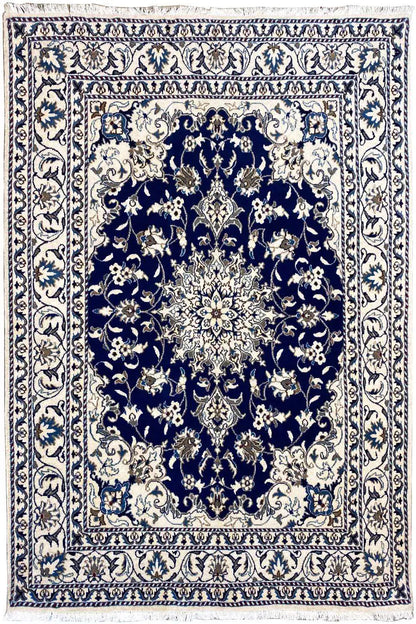 Nain rug with a Baroque medallion pattern in blue and cream, rectangular, 146x214 cm