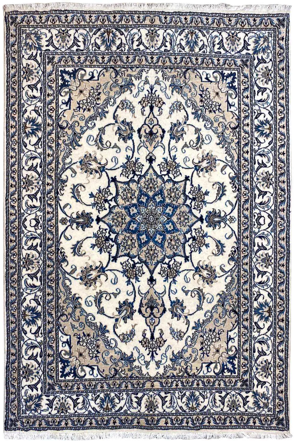 Nain rug with a blue-and-white medallion pattern and a wide decorative border, rectangular