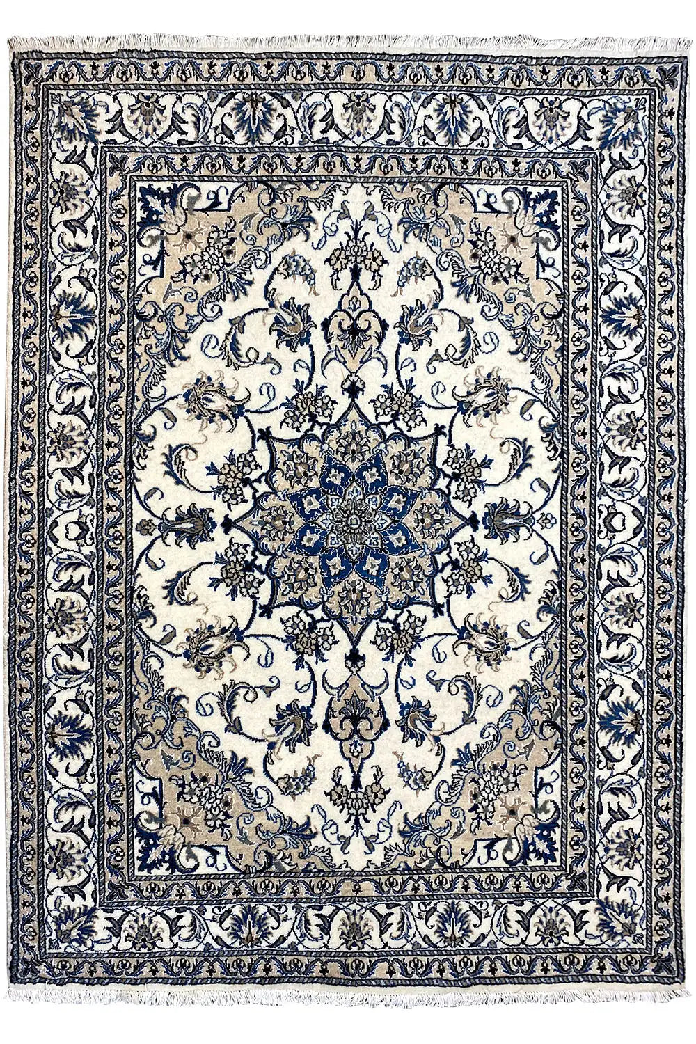 Nain rug with central blue medallion, delicate ornamental pattern and decorative border