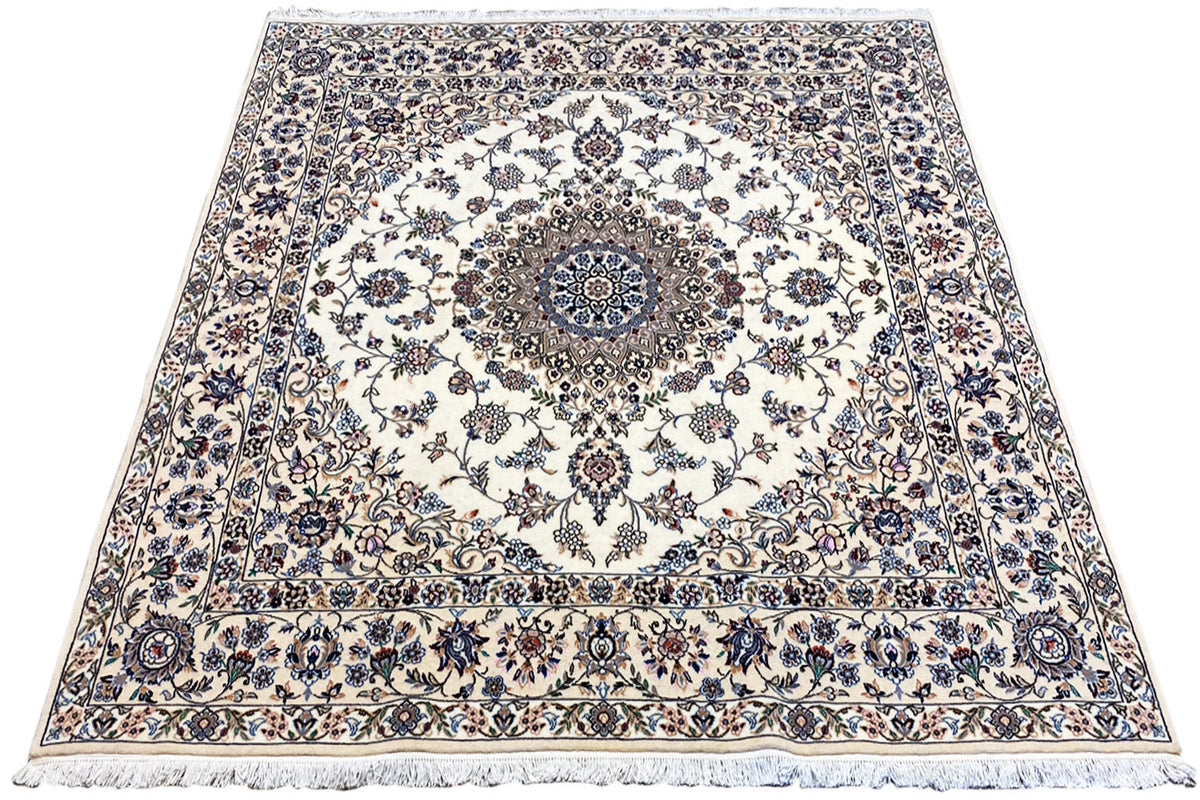 Nain rug 200x210 cm, oval medallion in the center, blue multicolored Baroque pattern, fringes