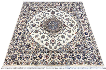 Nain rug 200x210 cm, oval medallion in the center, blue multicolored Baroque pattern, fringes