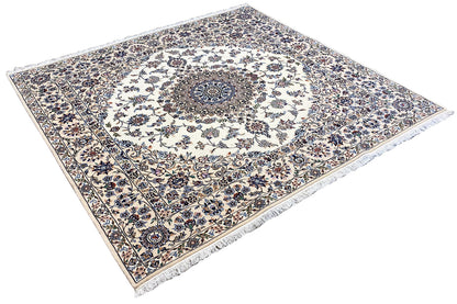 Nain rug 200x210 cm, central medallion with floral pattern, blue-brown borders, fringes