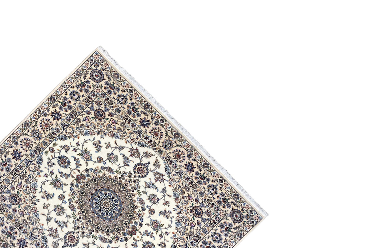 Nain rug corner with border ornaments, central medallion area and pile, fringes visible