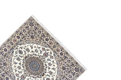 Nain rug corner with border ornaments, central medallion area and pile, fringes visible