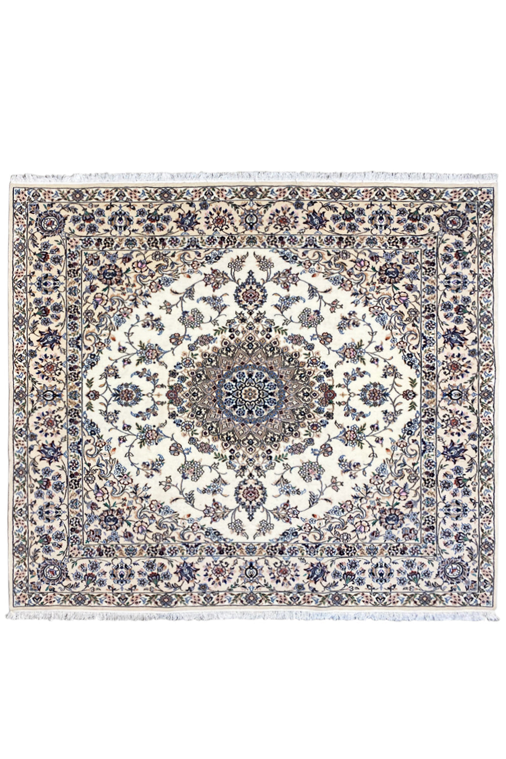 Nain rug 200x210 cm with a light background and blue, multicolored ornamental border, fringes