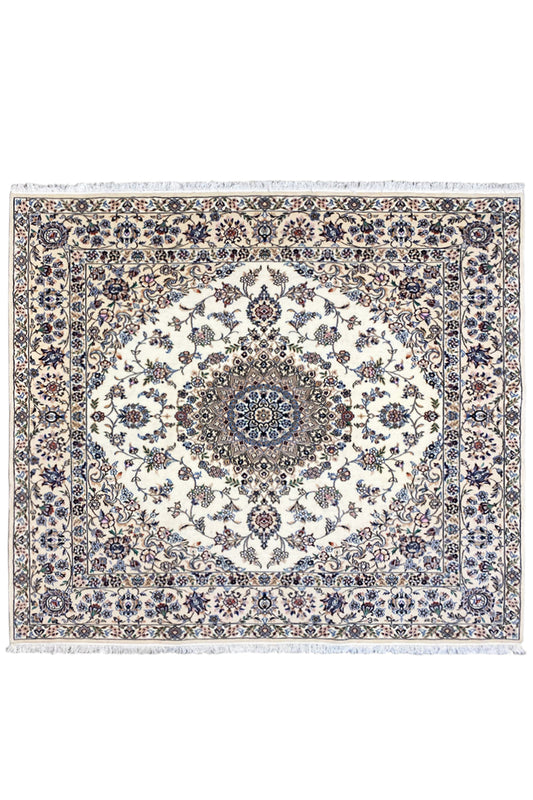 Nain rug 200x210 cm with a light background and blue, multicolored ornamental border, fringes