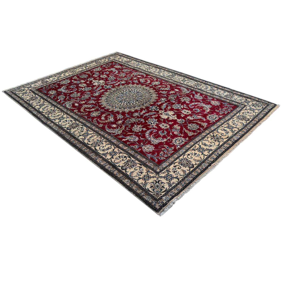 Nain wool rug, red base pattern with a round medallion and decorative border in cream and blue