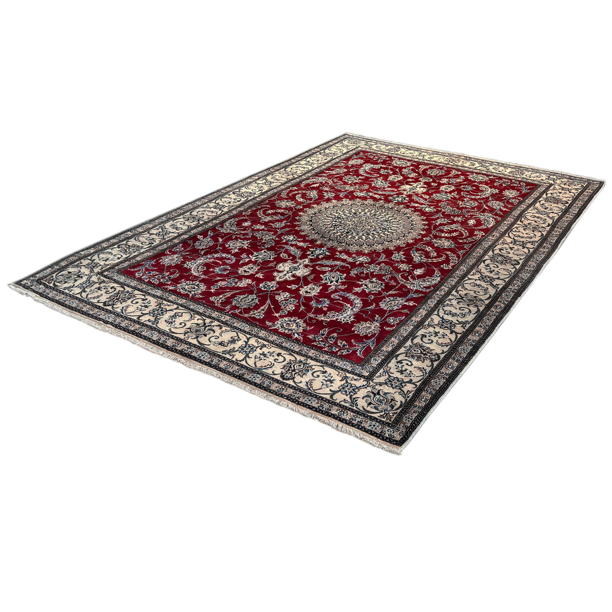 Nain wool rug with a red pattern, central medallion, and two-tone border