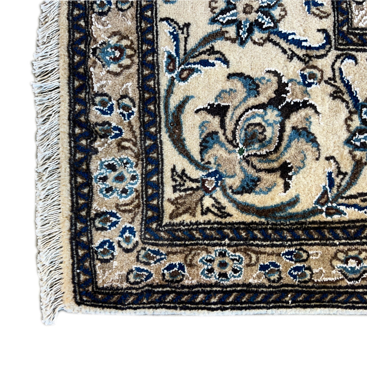 Close-up of a rug edge with fringes: beige background, blue vine ornaments, and border