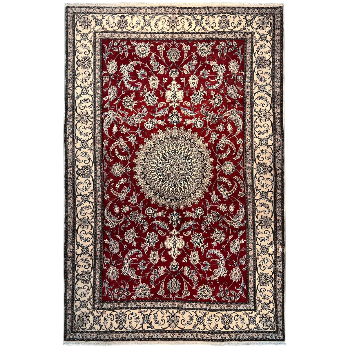 Wool rug in Nain style, red pattern with medallion, cream-colored ornamental border, rectangular