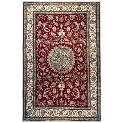 Wool rug in Nain style, red pattern with medallion, cream-colored ornamental border, rectangular