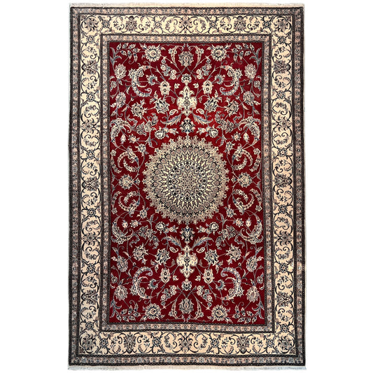 Wool rug in Nain style, red pattern with medallion, cream-colored ornamental border, rectangular