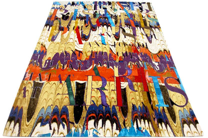 Designer rug in an A-line view with an abstract lettering pattern, colorful and multicolored
