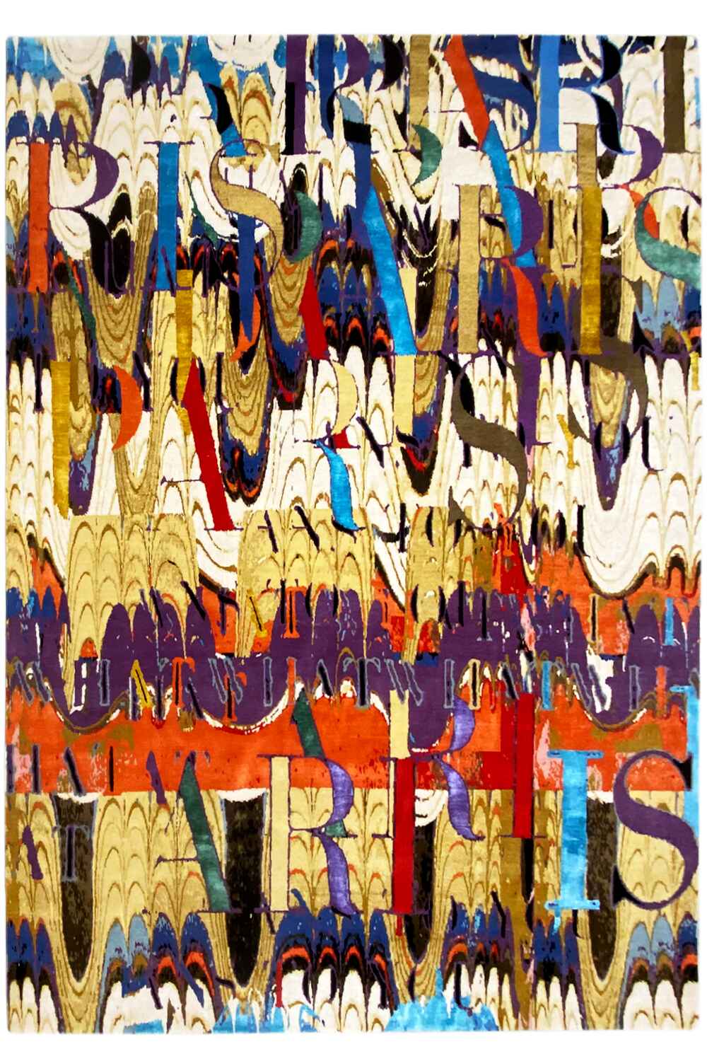 Hand-knotted designer rug with an abstract pattern and a multicolored wool-silk look
