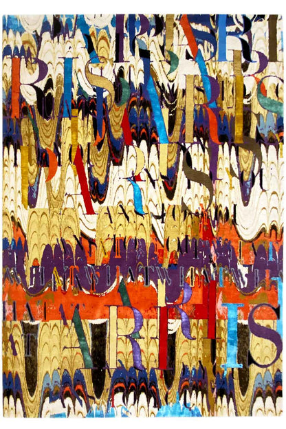 Hand-knotted designer rug with an abstract pattern and a multicolored wool-silk look