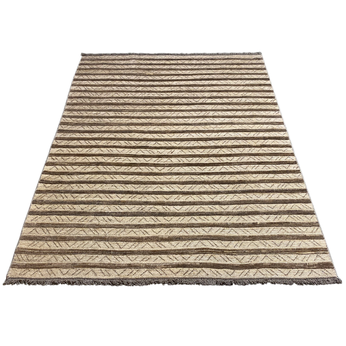 Rectangular rug with narrow beige and brown stripes, bound all around