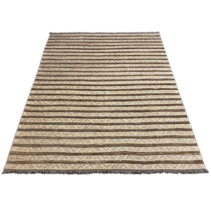 Rectangular rug with narrow beige and brown stripes, bound all around