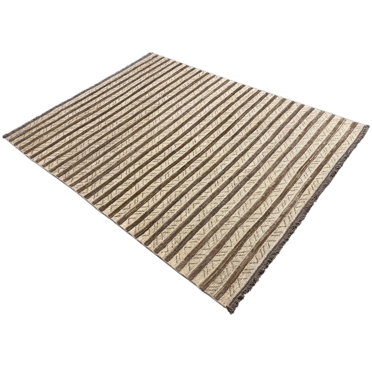 Rug viewed diagonally: beige stripes with brown lines, rectangular, bound edge