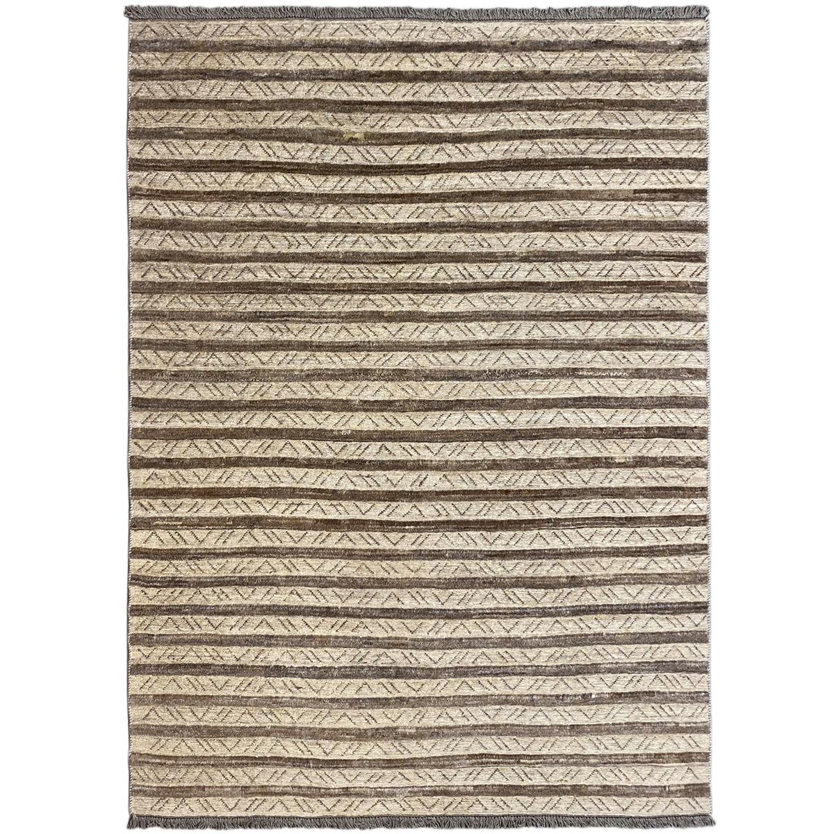 Striped rug, beige background with brown lines, rectangular, hemmed