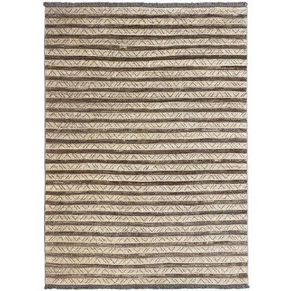 Striped rug, beige background with brown lines, rectangular, hemmed
