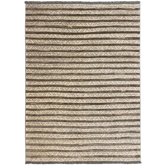 Striped rug, beige background with brown lines, rectangular, hemmed