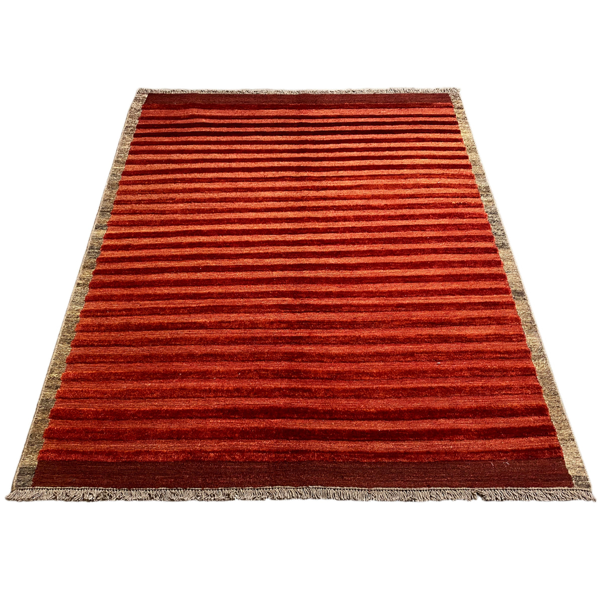 Flat-woven rug with red horizontal stripes and a wide beige border