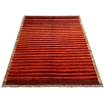 Flat-woven rug with red horizontal stripes and a wide beige border