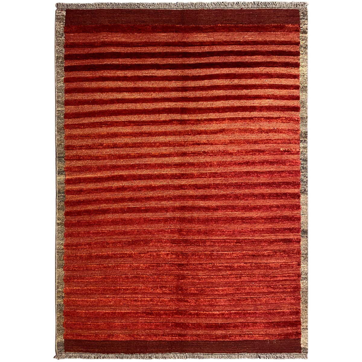 Rectangular rug with red stripes, a beige border, and bound edges