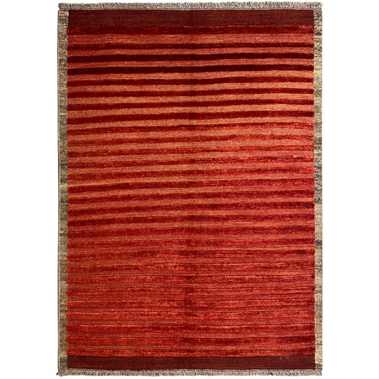 Rectangular rug with red stripes, a beige border, and bound edges