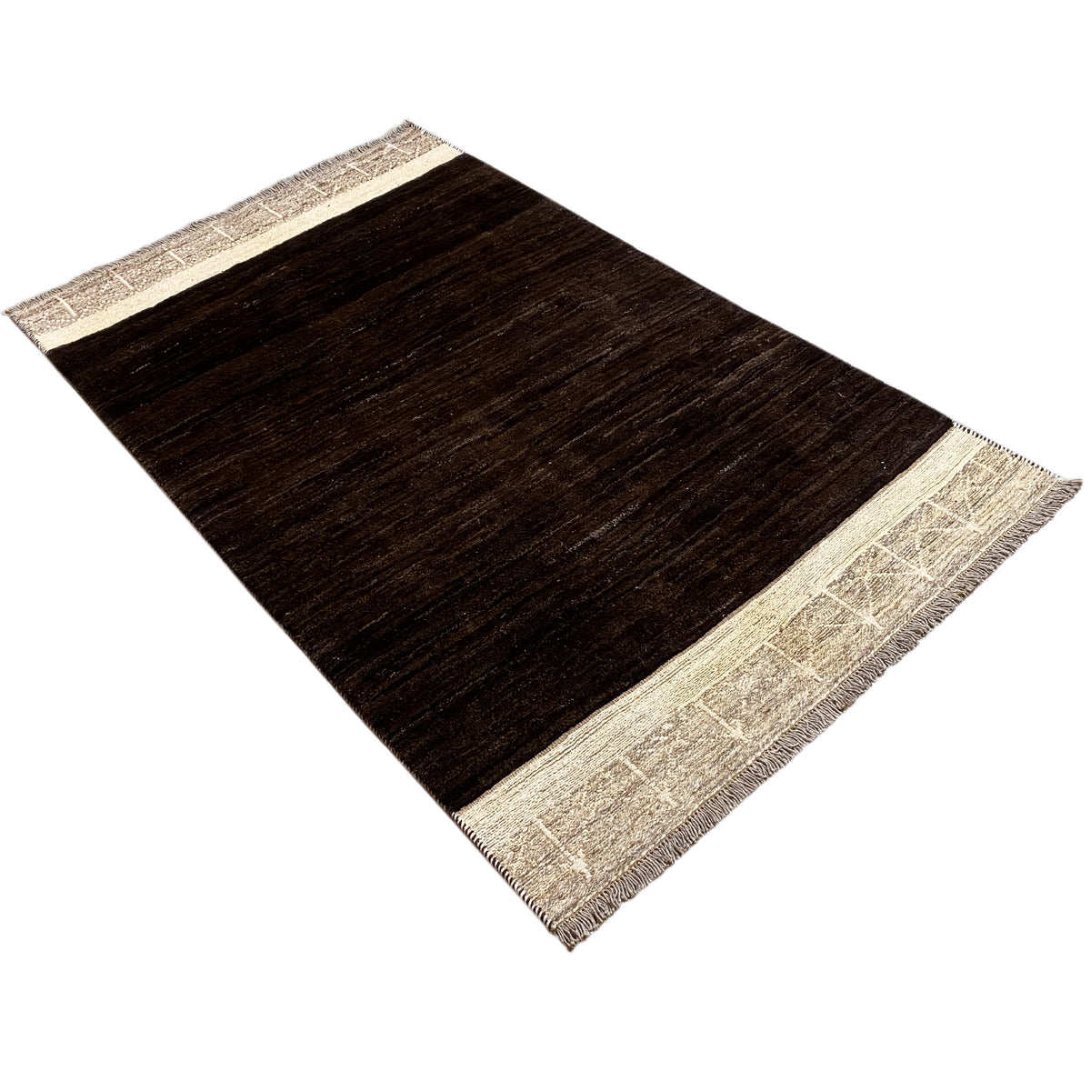 Rectangular Nimbaft rug, dark brown with a beige border and subtle surface texture