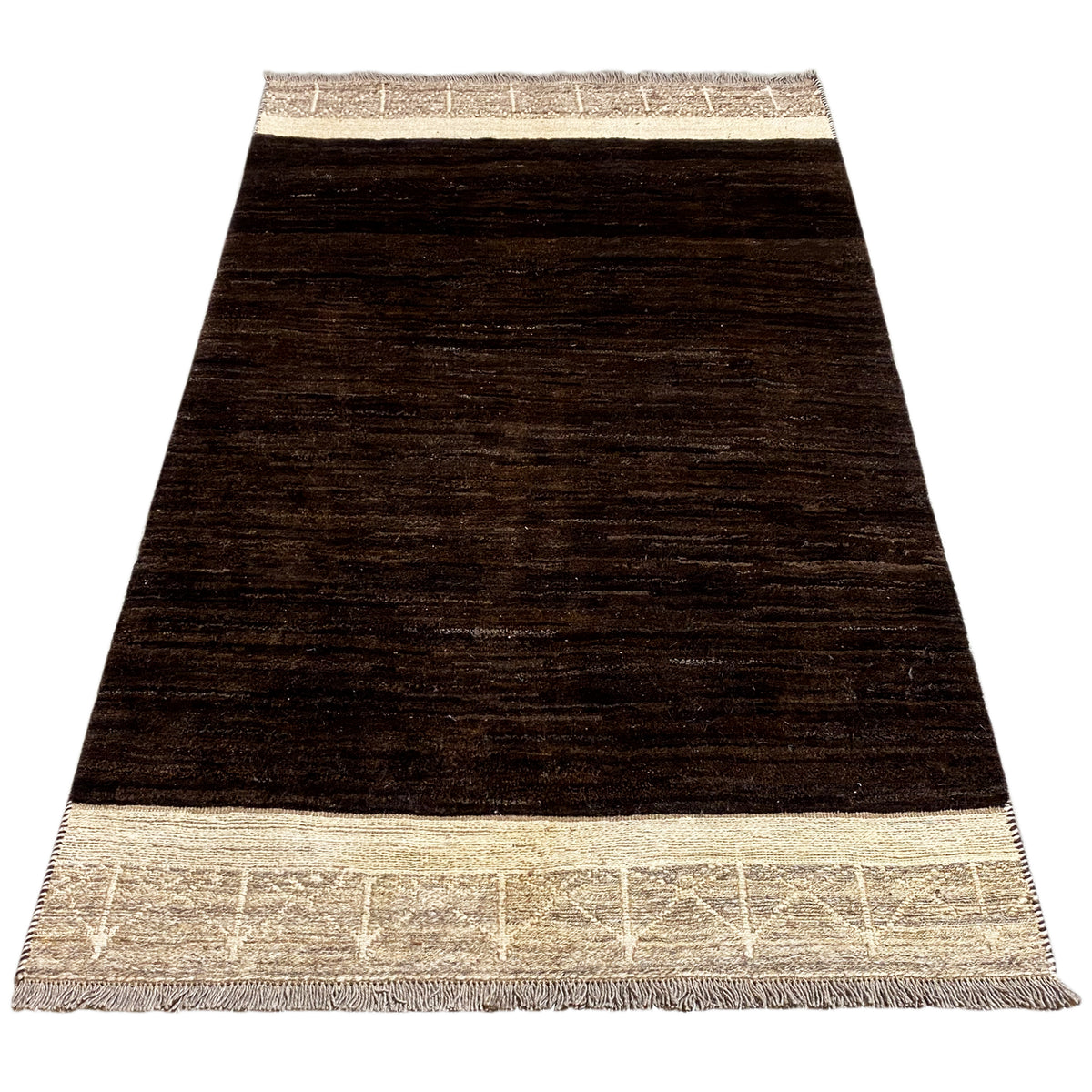 Nimbaft rug in a trapezoidal view: dark brown pile design with a beige border