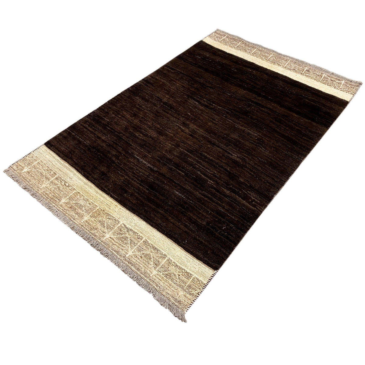 Dark brown half-pile rug with a beige border and an even striped texture